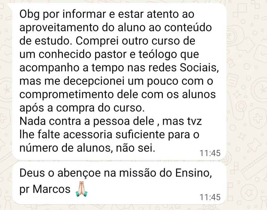 Mensagem de aluno: obrigado por estar atento ao aproveitamento do aluno