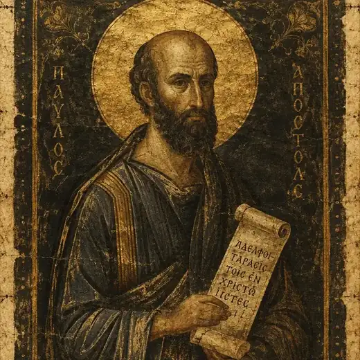 Ícone sacro antigo do apóstolo Paulo com um rolo na mão