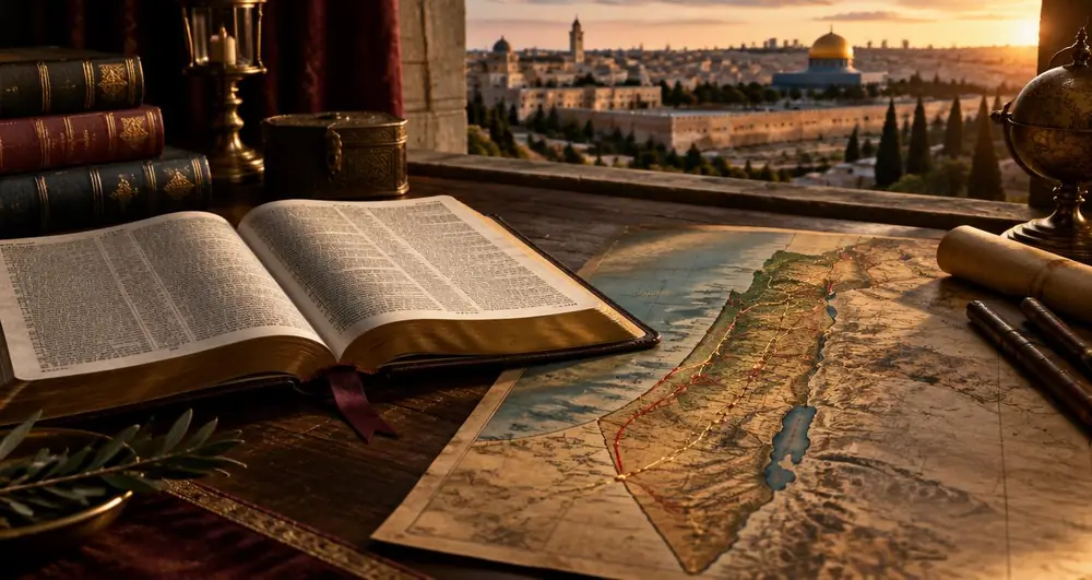 Bíblia aberta ao lado de um mapa de Israel